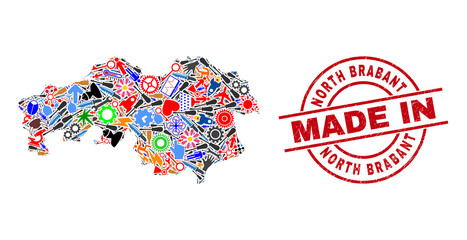 Science North Brabant Province map mosaic and MADE IN distress stamp seal. North Brabant Province map collage designed with wrenches, cogs, tools, items, cars, electricity sparks, helmets.