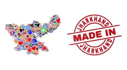 Production mosaic Jharkhand State map and MADE IN distress stamp. Jharkhand State map composition created with wrenches, wheels, tools, air planes, vehicles, electric strikes, rockets.