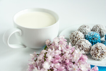 truffles with cocoa, coconut and sesame with chocolate and marshmallows and a cup of fresh milk, delicious dessert