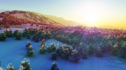Obraz premium above winter forest mountain sunset