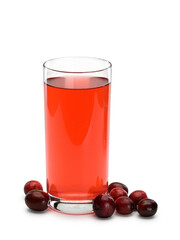 Glass filled with cranberry berry juice and scattering of berries of cranberry