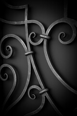 Forged metal elements of the gate in black and white tones of a private house