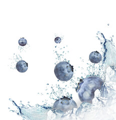 blueberry water splash and ice cubes isolated on the white