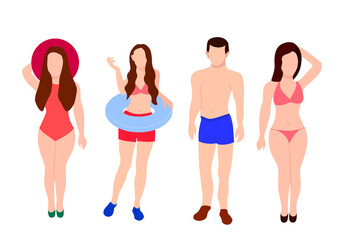 set of people in swimsuit ready for sunbathing full height figure