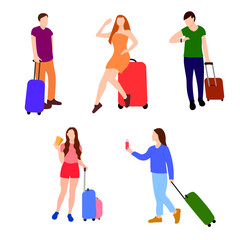 set of flat full height isolated characters traveling with baggage