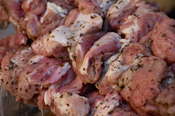  juicy pickled meat strung on skewers, raw barbecue, picnic with friends