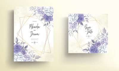 Modern wedding invitation card with beautiful purple flower decoration