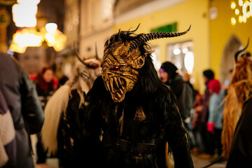 Naklejka premium Krampus night parade, People in scary fur costumes and masks with hornes walk on the street, Traditional show before Christmas, historical street Getreidegasse, Salzburg, Austria