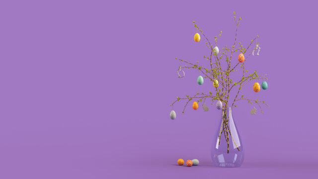 Bunter Osterstrauch oder Zweige in Glas Vase mit festlichem Osterschmuck und bunten Eiern zu Ostern steht dekorativ vor farbigen Hintergund mit viel Platz f&uuml;r werbung und Textraum als 3D Rendering