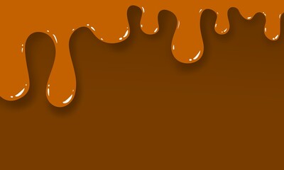 Chocolate drops. Liquid dripping drops of brown paint. Rectangular blue background. Empty place.