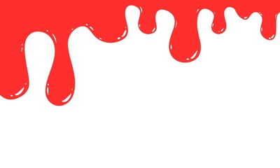 Liquid dripping drops of red paint. Rectangular white background. Empty place. Bloody drops.