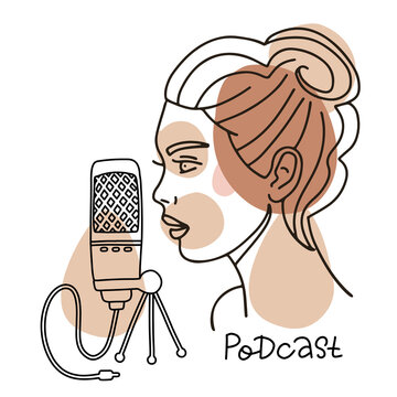 Girl speaking in mic, podcast concept. Female face in profile speaking in microphone. Vector linear trendy illustration on white background.
