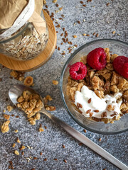healthy breakfast with muesli and raspberry