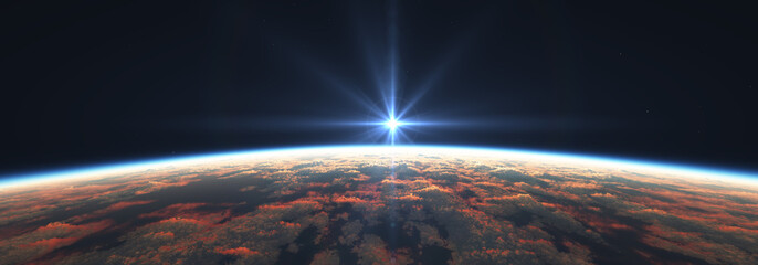 Earth sunrise from space over cloudy ocean. 3d rendering - obrazy, fototapety, plakaty