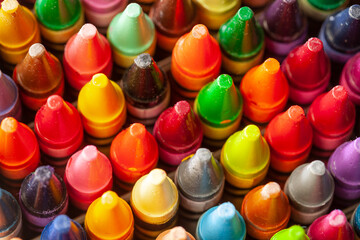 Color crayons in a tight group, shot from above
