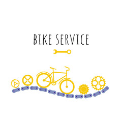Fototapeta premium Bike service surrounded by ring of chain and tools and details. vector flat illustration