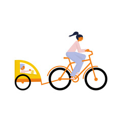 Woman rides bike with her child who sits in a separated child sit. Flat vector illustration