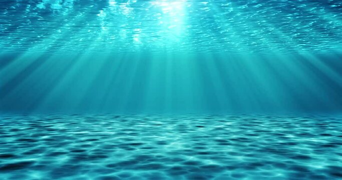 3D Realistic ocean underwater animation with light rays. Blue decorative background, moving water surface.