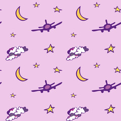 Pink seamless pattern with moon, stars, plane and clouds. Design for wallpaper and wrapping, fabric and textile. Vector illustration.