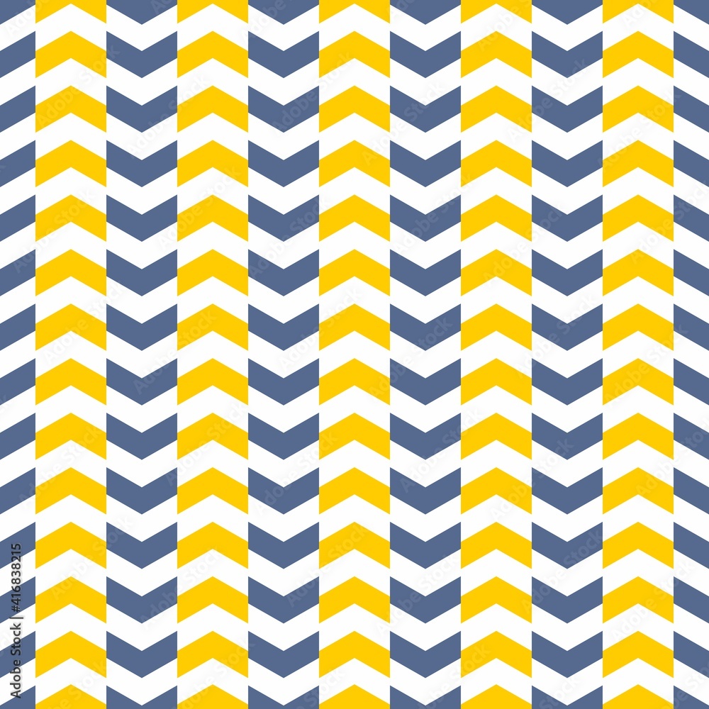 Poster tile vector pattern with blue and yellow zig zag arrow print on white background