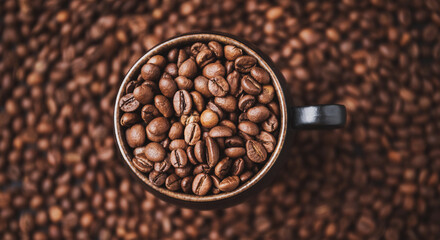 Top view on coffee cup full with coffee beans. Coffee background concept.
