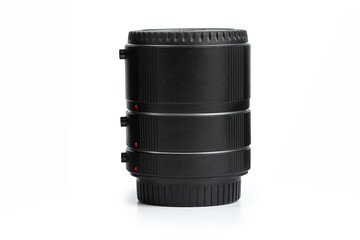 Black macro extension tubes for photo cameras isolated on white background