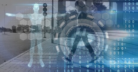 Obraz premium Digital illustration of a human body and human brain 3D models over data processing