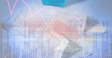 Digital illustration of a coronavirus Covid-19 cell lying by a mask over data processing