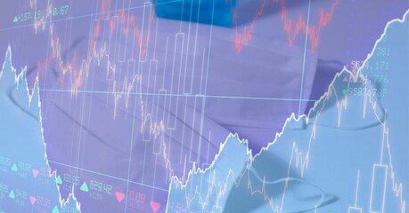 Digital illustration of a coronavirus Covid-19 cell lying by a mask over data processing
