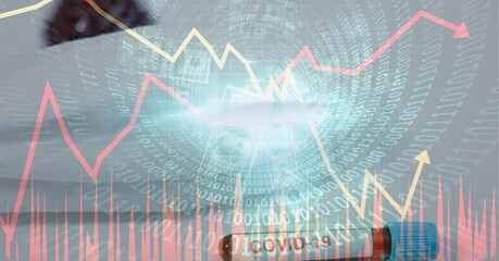 Digital illustration of a coronavirus Covid-19 cell lying by a mask over data processing