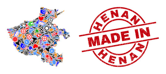 Industrial Henan Province map mosaic and MADE IN distress seal. Henan Province map mosaic formed with spanners, gearwheels, screwdrivers, aircrafts, transports, electricity bolts, details.