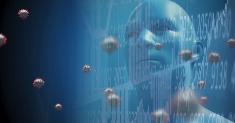 Covid-19 cells and stock market data processing against 3D human head model wearing face mask