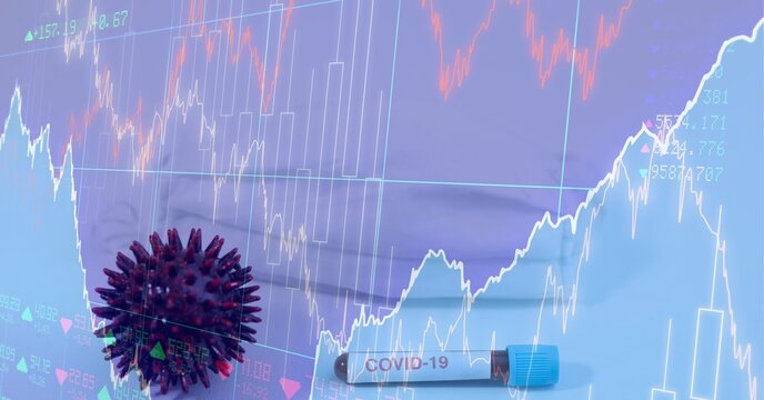 Digital illustration of a coronavirus Covid-19 cell lying by a mask over data processing