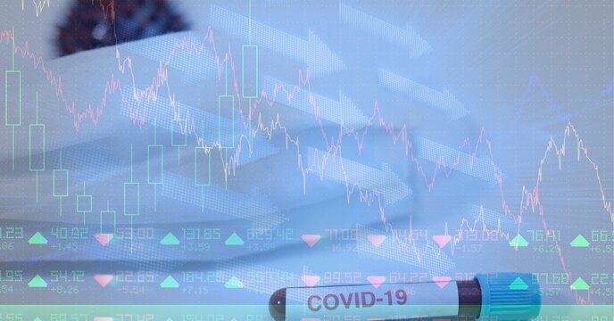Digital illustration of a coronavirus Covid-19 cell lying by a mask over data processing