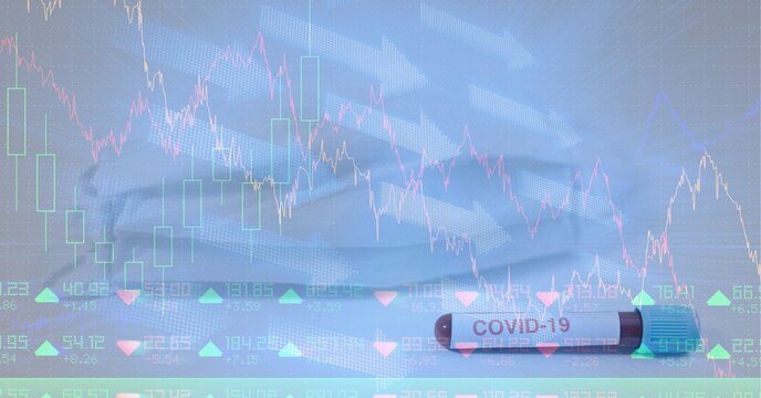 Digital illustration of a coronavirus Covid-19 cell lying by a mask over data processing