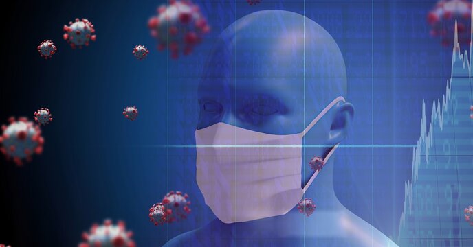Covid-19 cells and stock market data processing against 3D human head model wearing face mask