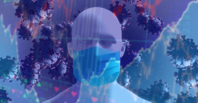 Covid-19 cells and stock market data processing against 3D human head model wearing face mask