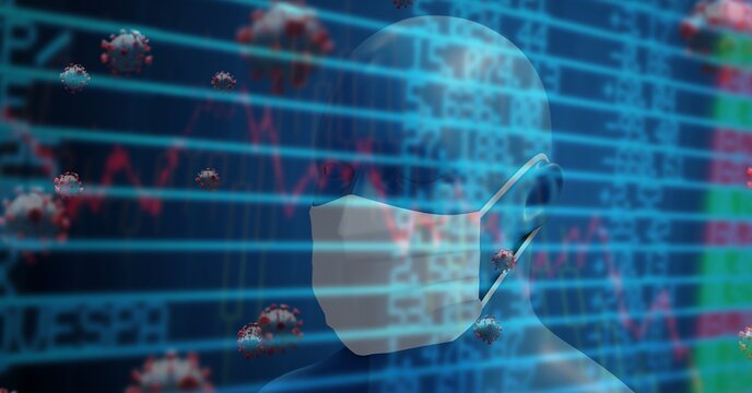Covid-19 cells and stock market data processing against 3D human head model wearing face mask