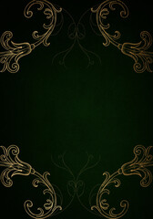Dark green background with luxery golden ornaments and golden frame. Good for logo or invitation.