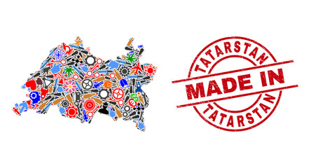 Education Tatarstan map mosaic and MADE IN grunge seal. Tatarstan map mosaic formed with wrenches, gearwheels, instruments, aviation symbols, transports, electricity strikes, details.