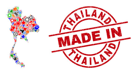 Technical Thailand map mosaic and MADE IN grunge rubber stamp. Thailand map composition designed with spanners, cogs, tools, aircrafts, cars, electricity bolts, rockets.