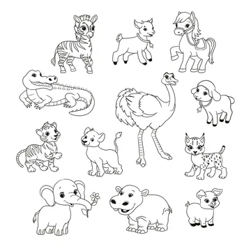 coloring book for children, set of different animals, vector illustration  in cartoon style, black and white line art Stock Vector | Adobe Stock