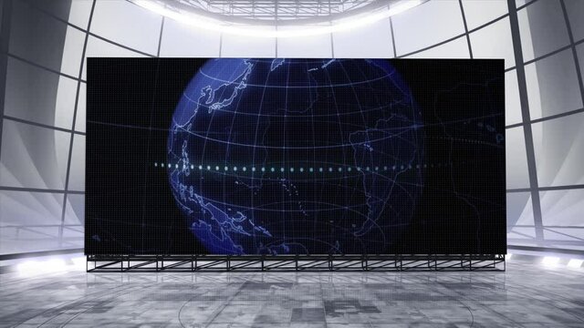 TV news virtual studio backdrop. Animated graphic earth planet seamless loop on the videowall. VR set ideal as a backdrop on tv shows, or events. Suitable on VR tracking system sets, with green screen