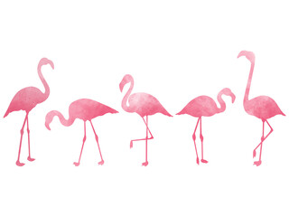 Isolated set of pink flamingo silhouettes. Watercolor minimalist exotic birds. Tropical summer design for prints.