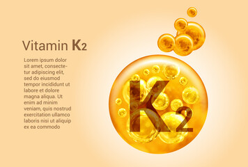 Vitamin K2. Baner with vector images of golden balls with oxygen bubbles. Health concept.