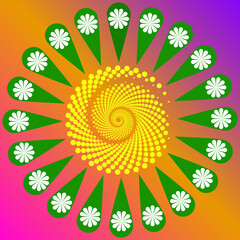 Green and white mandala flowers arranged in a circle In the middle there is a yellow mandala that looks like a wind With gradient background.