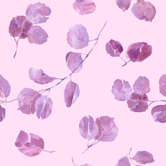Watercolor eucalyptus leaves seamless pattern for textile, poster and polygraphy print, craft business visual concept, label, stickers, tags, clothes. Natural ornament isolated on pink background