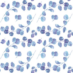 Seamless watercolor pattern with eucalyptus leaves for cosmetic and food stickers, oil label, wrapping paper, fabric and textile  design. 