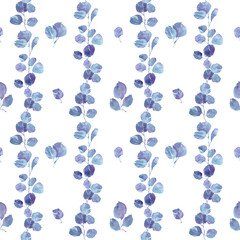 Watercolor eucalyptus garlands and leaves pattern isolated on white background. Purple hand painted elements set for textile and wrapping paper design. Interior minimalist style, boho rustic wedding