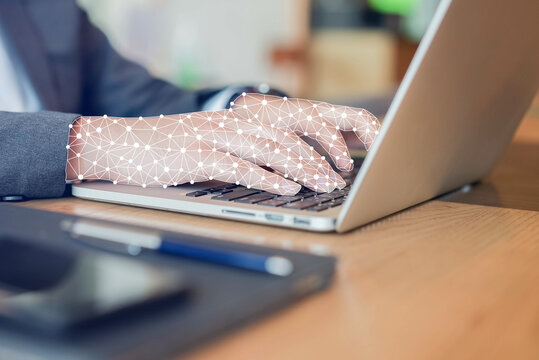 businessman robot hand working on laptop to checking correct data by using RPA function software program to help proof and detect and synchronize to system for future technology of business concept